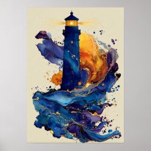 Abstract Lighthouse Liquid Art Coastal Colour Flow Poster