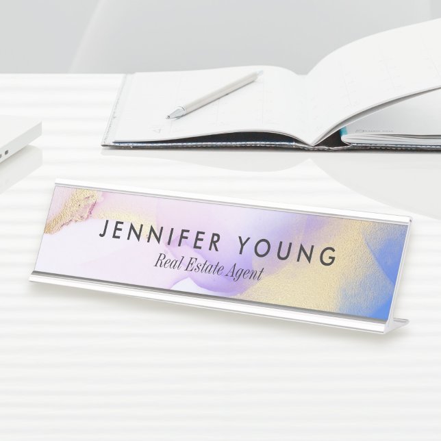 Abstract Lilac Watercolor Gold Luxury Customised Desk Name Plate (Creator Uploaded)