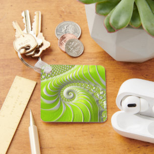 Abstract Lime Green Spiral Fractal Key Ring