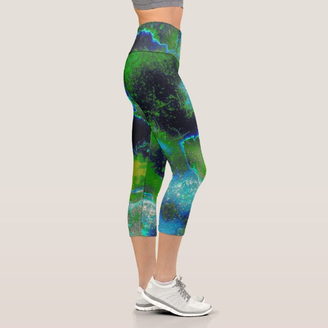 Abstract Limestone in Lime Greens and Blues Capri Leggings (Right)