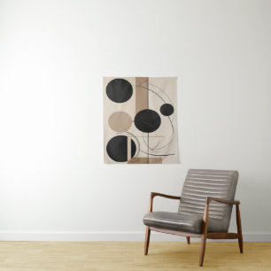 Abstract Line and Circle Modern Art in Beige Tapestry