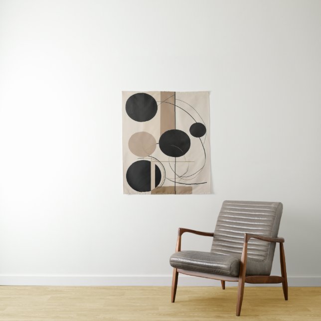 Abstract Line and Circle Modern Art in Beige Tapestry (In Situ)