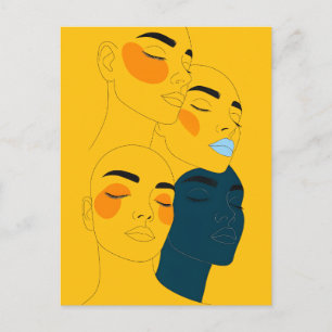 Abstract Line Art Print, Four Overlapping Faces Postcard