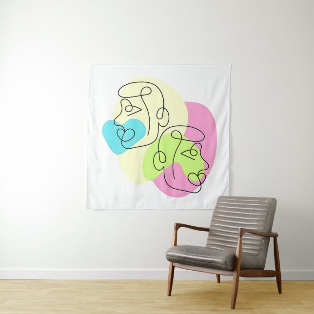 Abstract Line Colourful Twin Faces Tapestry (In Situ)