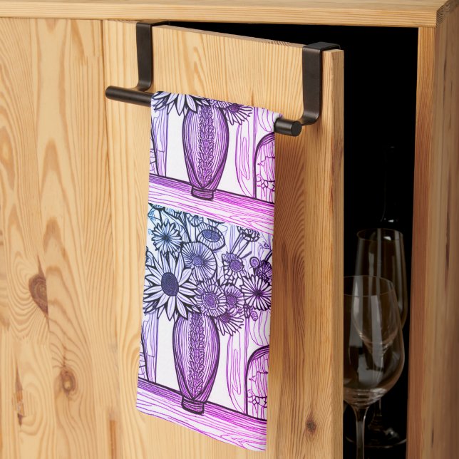 Abstract Line Drawing Floral Art Purple Blue Tea Towel (Thirds Fold)