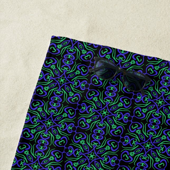 Abstract Line Pattern In Green Violet And Black Beach Towel (In Situ)