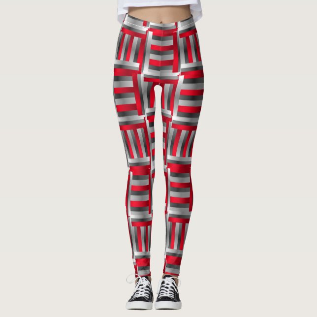 Abstract Line Pattern Red and Black Leggings (Front)