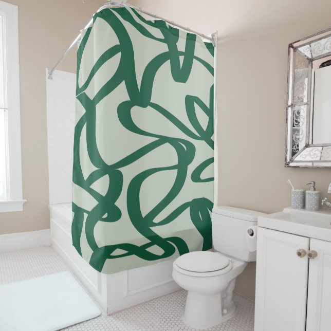 Abstract Line Sage Green Brush Strokes Shower Curtain (In Situ)