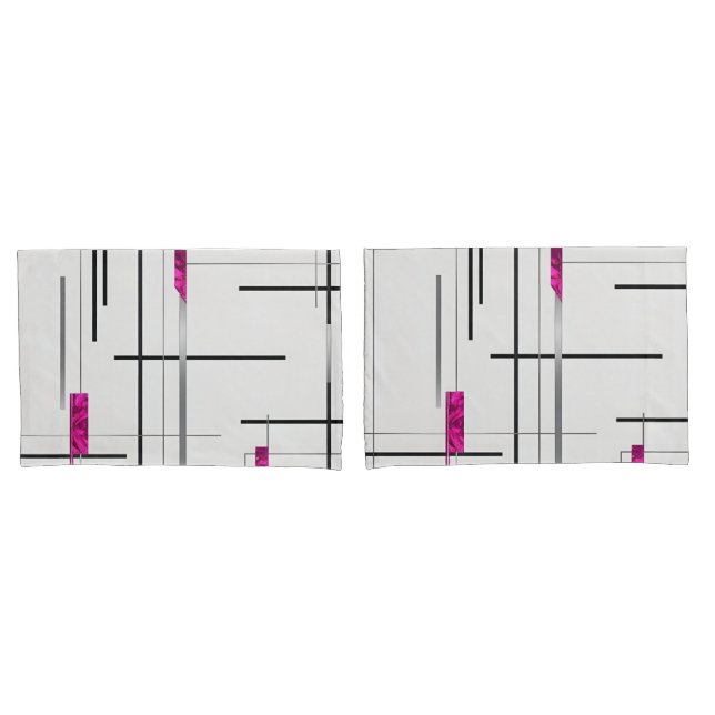Abstract Linear Art  Black, Silver & Fuschia Pillowcase (Front-Set)