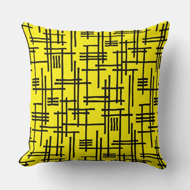 Abstract Lines 120923 - Black on Bright Yellow Cushion (Front)