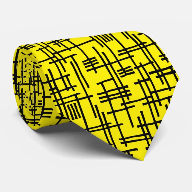 Abstract Lines 120923 - Black on Bright Yellow Tie (Rolled)