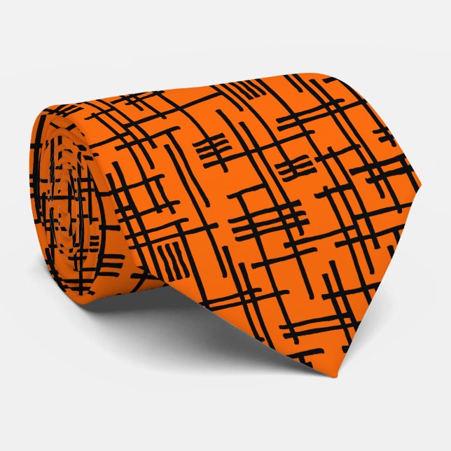 Abstract Lines 120923 - Black on Orange Tie (Rolled)