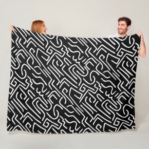 Abstract Lines 130318(b) - White on Black Fleece Blanket