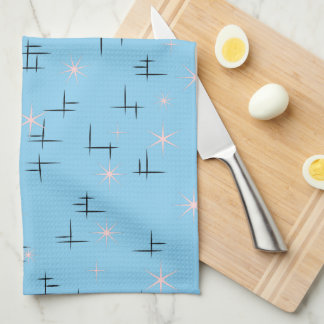 Abstract Lines and Pink Stars Baby Blue Retro Tea Towel