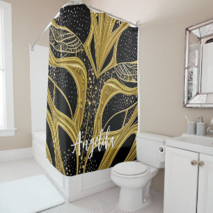 Abstract Lines Black and Gold Personalised Name  Shower Curtain