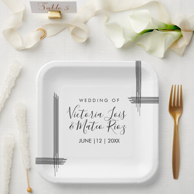Abstract Lines Black White Modern Wedding Paper Plate (Wedding)