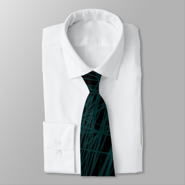 Abstract Lines - Dark Green on Black Tie (Tied)