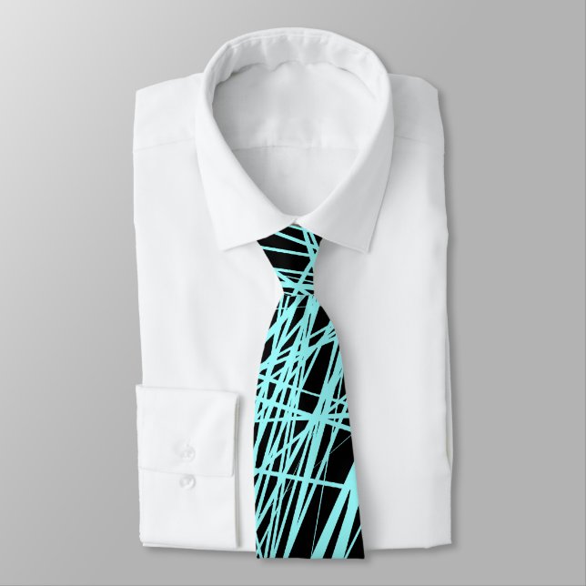 Abstract Lines - Ice Blue on Black Tie (Tied)