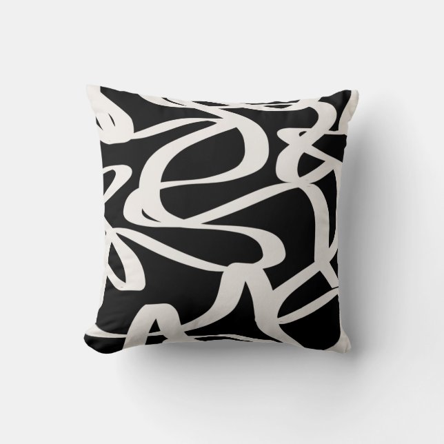 Abstract Lines Modern Black And Beige Cream Swirl Cushion (Front)