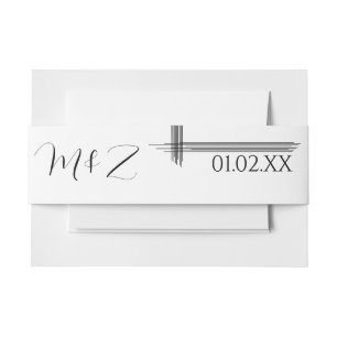  Abstract Lines Script Black White Wedding Invitation Belly Band