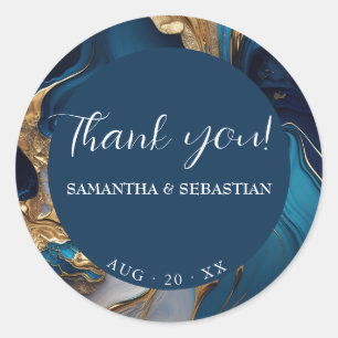 Abstract Liquid Gold on Blue Marble Classic Round Sticker