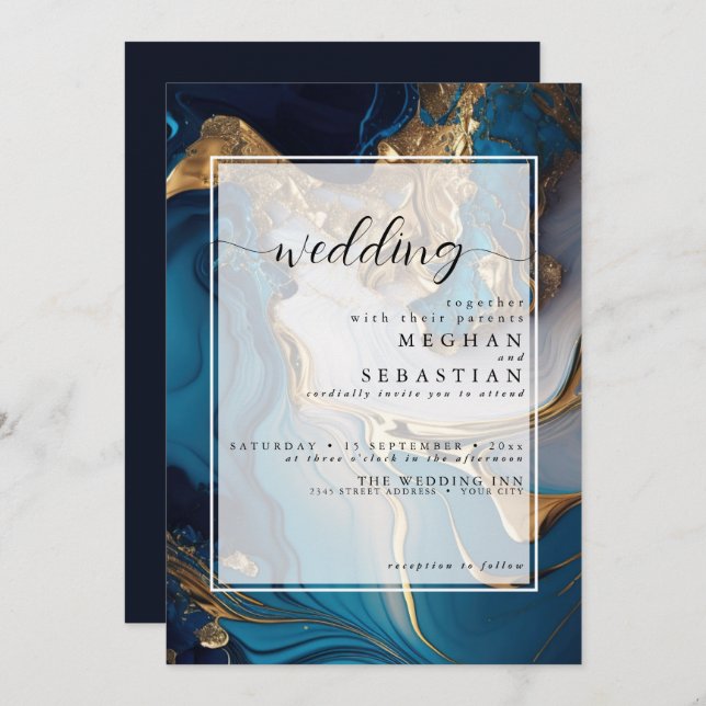 Abstract Liquid Gold on Blue Marble Invitation (Front/Back)