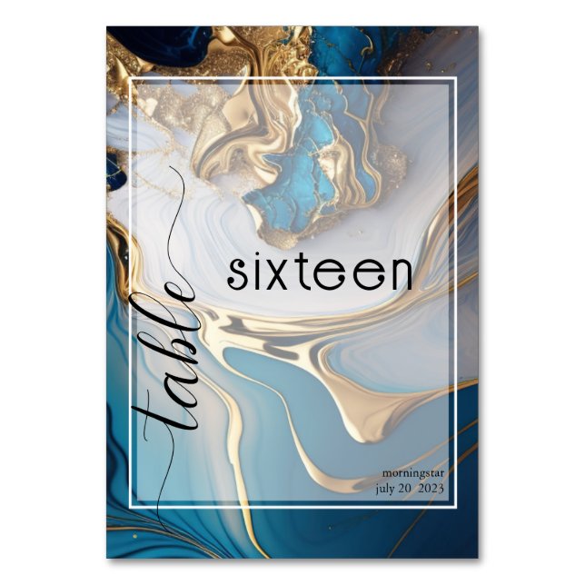 Abstract Liquid Gold on Blue Marble Table Number (Front)
