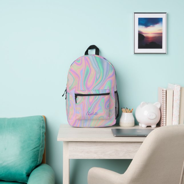 Abstract Liquid Iridescent Pastel Colour. Add Name Printed Backpack (Insitu)