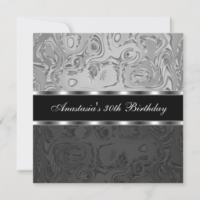Abstract Liquid Metal Silver Black 30th Birthday Invitation (Front)