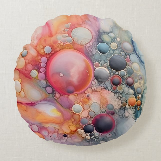 Abstract Liquid Pour Art Beach Vibes, Pebble Cells Round Cushion (Front)