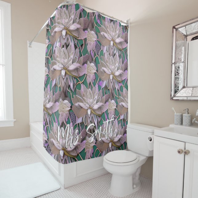 Abstract Lotus Pattern with Custom Name Shower Curtain (In Situ)