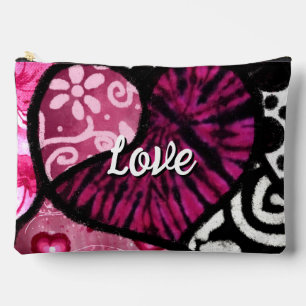 Abstract Love Heart Pink Floral Polka Dots Black Accessory Pouch