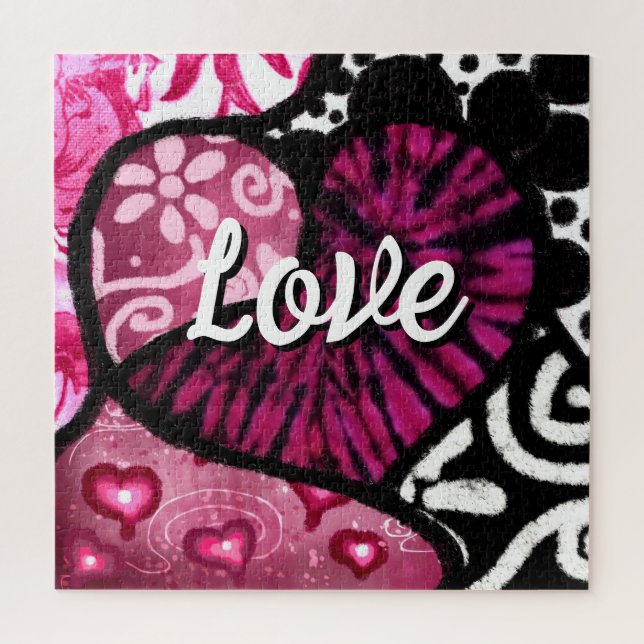 Abstract Love Heart Pink Floral Polka Dots Black Jigsaw Puzzle (Vertical)