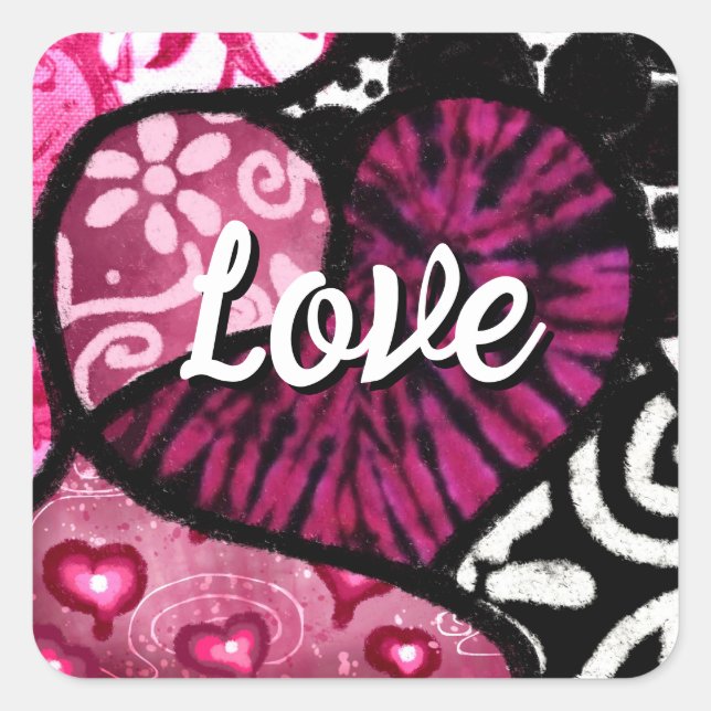 Abstract Love Heart Pink Floral Polka Dots Black Square Sticker (Front)