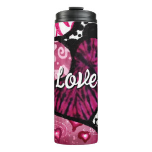 Abstract Love Heart Pink Floral Polka Dots Black Thermal Tumbler