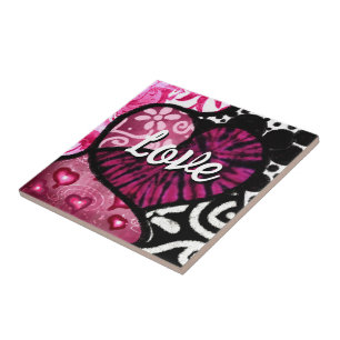 Abstract Love Heart Pink Floral Polka Dots Black Tile