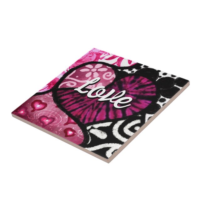 Abstract Love Heart Pink Floral Polka Dots Black Tile (Side)