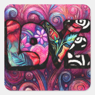 Abstract Love Word Graffiti Valentine Floral Pink Square Sticker