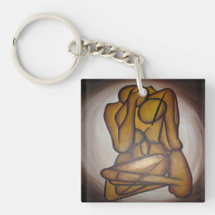 Abstract Lovers Contemporary Art In Ochre And Brow Key Ring