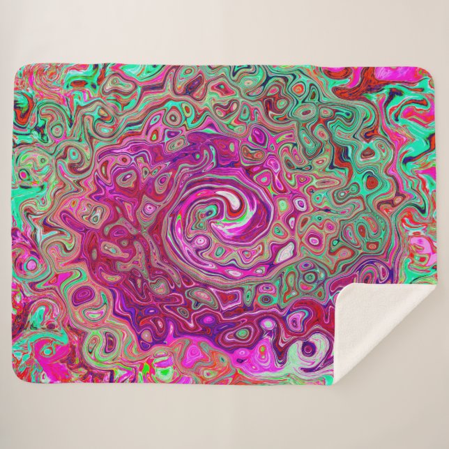 Abstract Magenta and Green Retro Liquid Swirl Sherpa Blanket (Front (Horizontal))