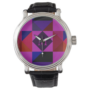 Abstract Magenta Geometric Pattern Monogram Watch