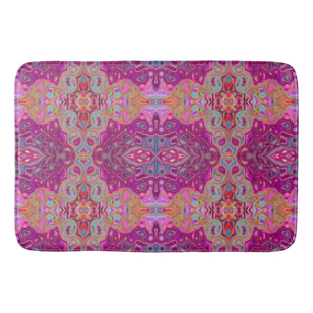 Abstract Magenta Pink, Blue and Red Groovy Pattern Bath Mat (Front)