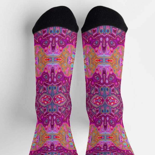 Abstract Magenta Pink, Blue and Red Groovy Pattern Socks (Top)