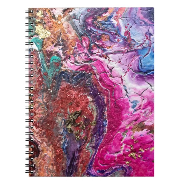 Abstract magic flowers pink gold orange blue notebook (Front)