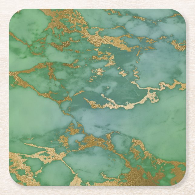 ABSTRACT MARBLE GREEN GOLD SQUARE PAPER COASTER (Front)