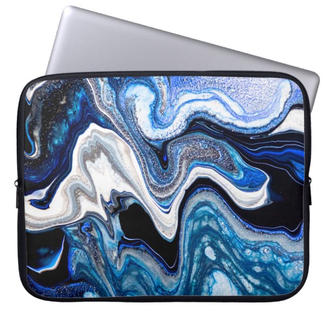 Abstract marble liquid texture in silver white gli laptop sleeve (Front)