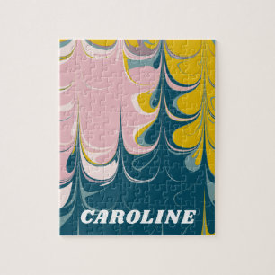 Abstract Marble Modern Ebru Pattern Teal and Pink Jigsaw Puzzle