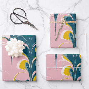 Abstract Marble Modern Ebru Pattern Teal and Pink  Wrapping Paper Sheet