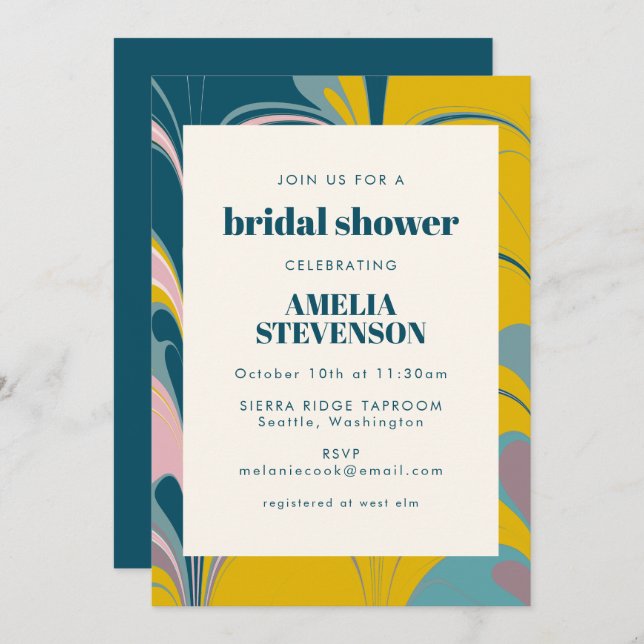 Abstract Marble Modern Teal Yellow Bridal Shower Invitation (Front/Back)