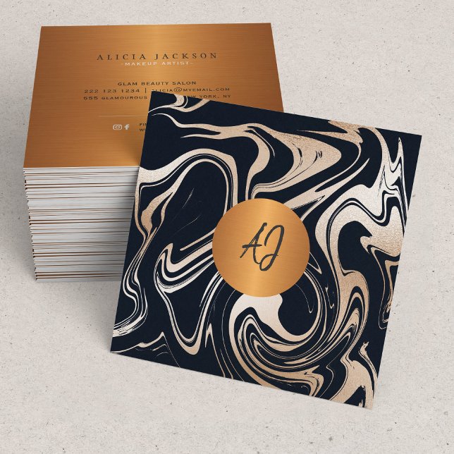 Abstract marble paint rose gold black monogrammed square business card (Creator Uploaded)